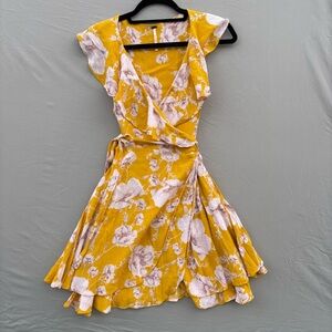 Free People Floral Wrap Dress in Yellow and Pink Ruffles Boho